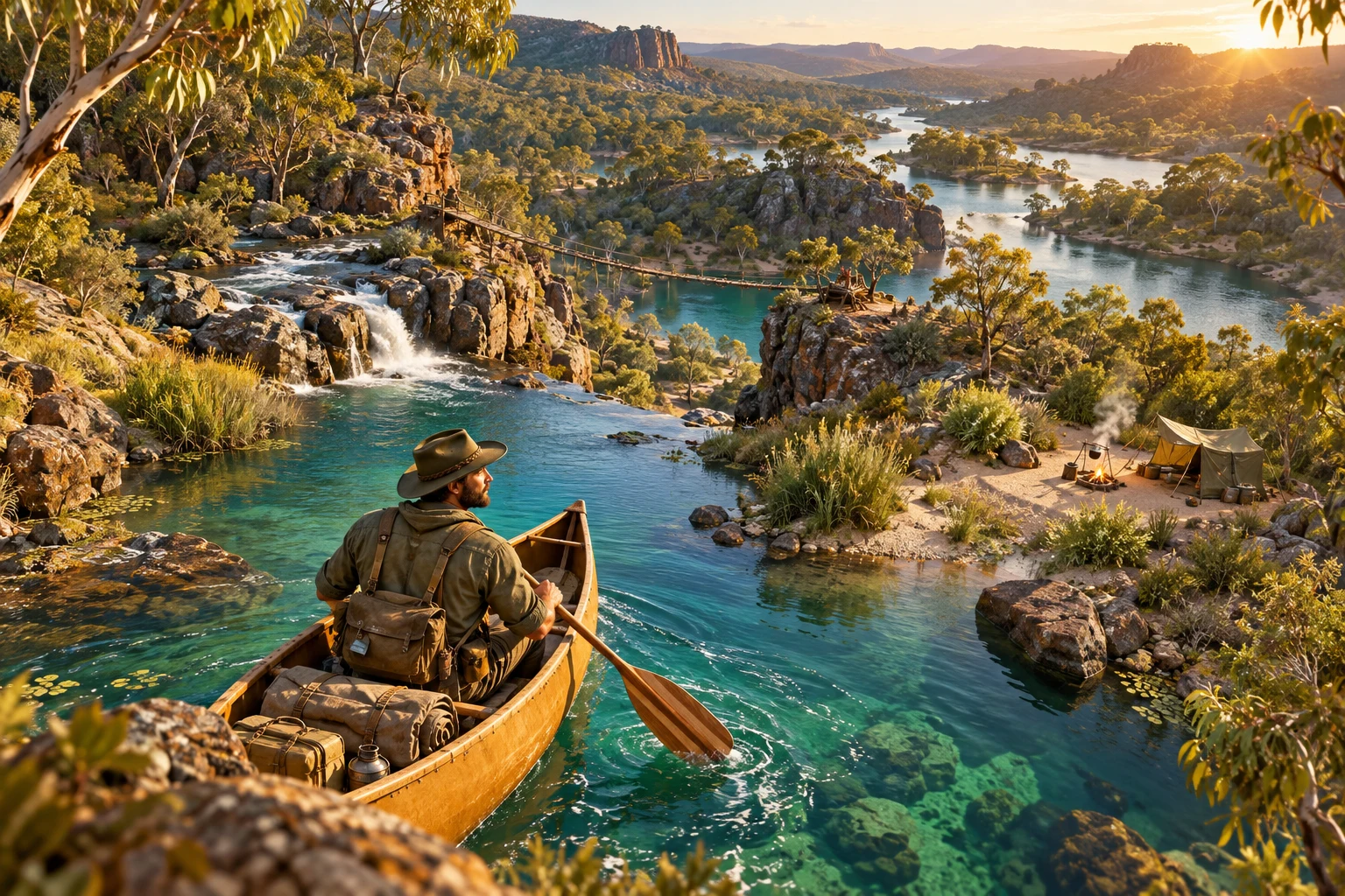 An invented river valley with a rope crossing, reed channel and camp