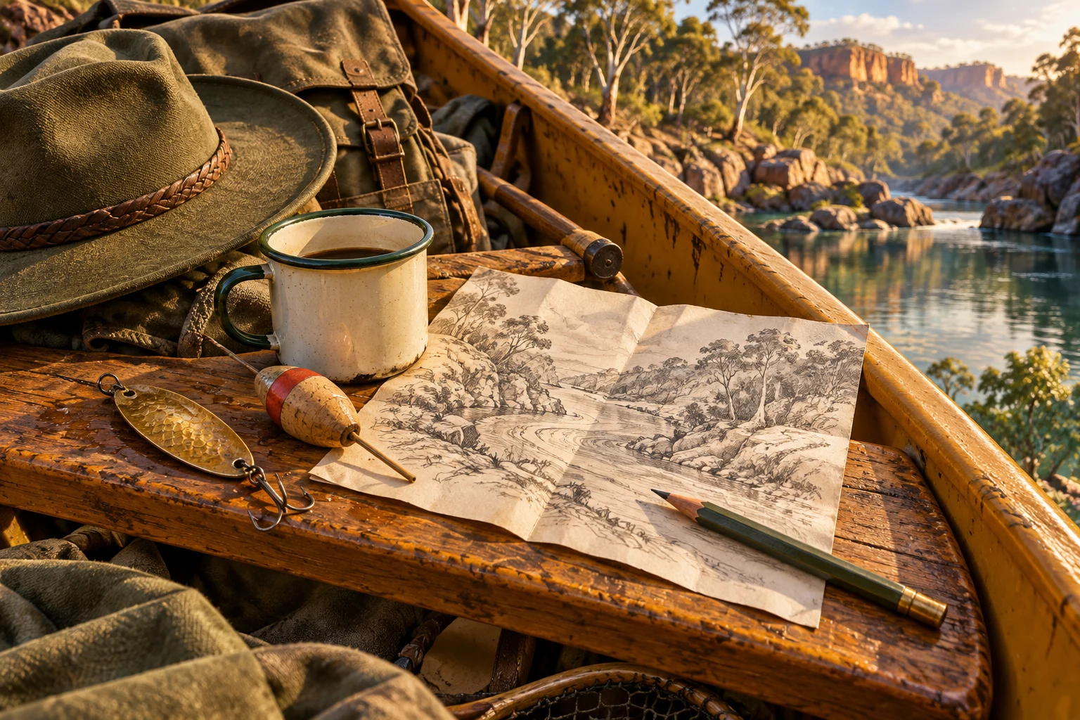 Brass spoon, cork float, pencil and enamel mug on a canoe seat